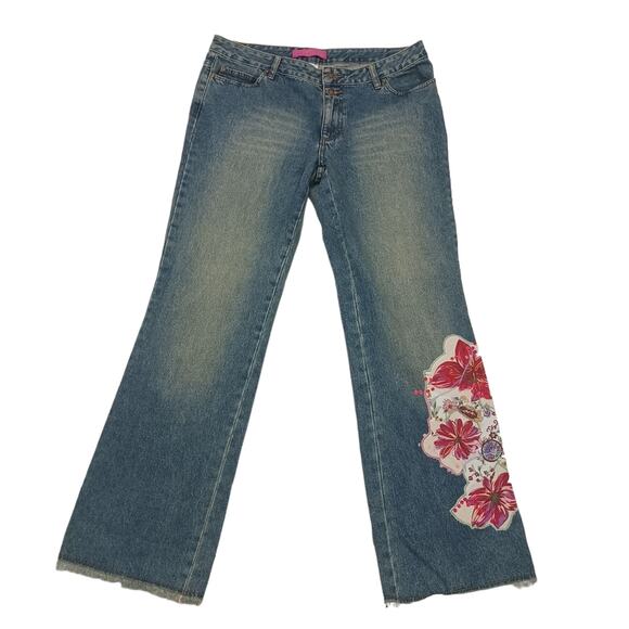 Thalia Sodi Jeans Womens Plus Sz 13 Blue Embroidered Sequins Flare Fringed Boho - Picture 1 of 16